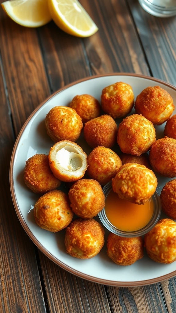 Crispy golden clam balls served with dipping sauce on a rustic wooden table.